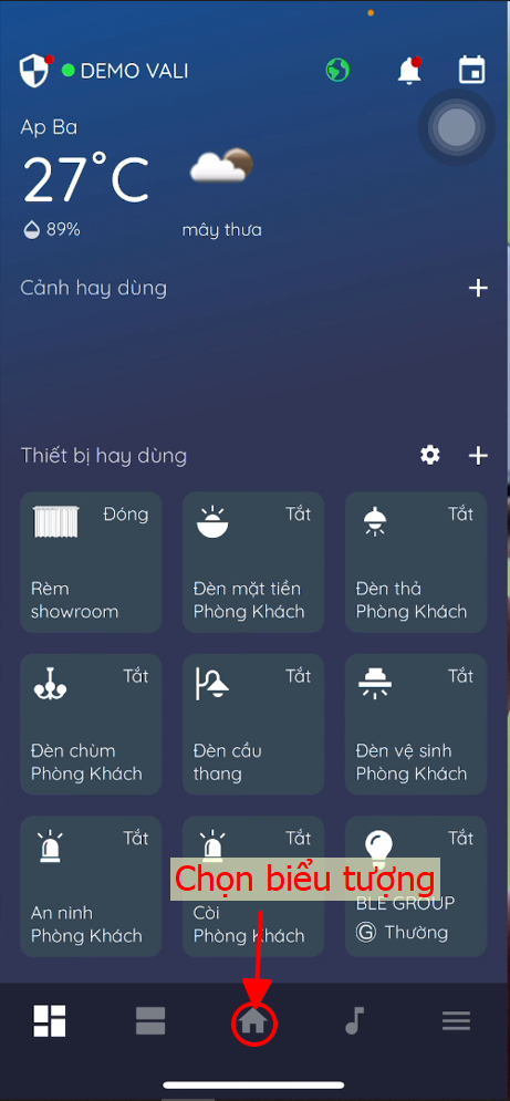 chọn vào biểu tượng hình ngôi nhà