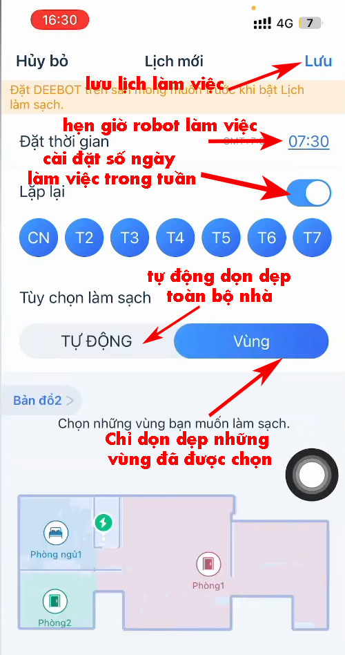 cai dat lich lam sach cho robot tren ung dung Ecovacs Home
