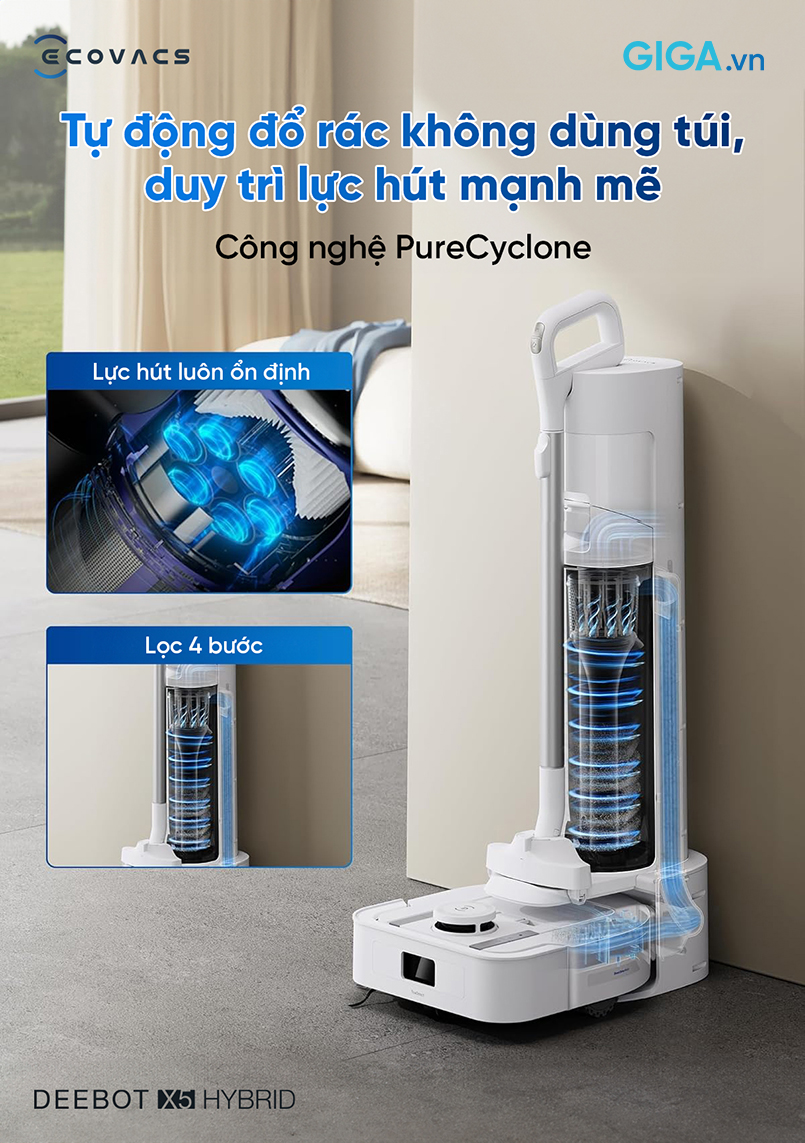 Trạm được tích hợp công nghệ ECOVACS PureCyclone với quy trình tách bụi hai giai đoạn và thiết kế đa lõi hình nón