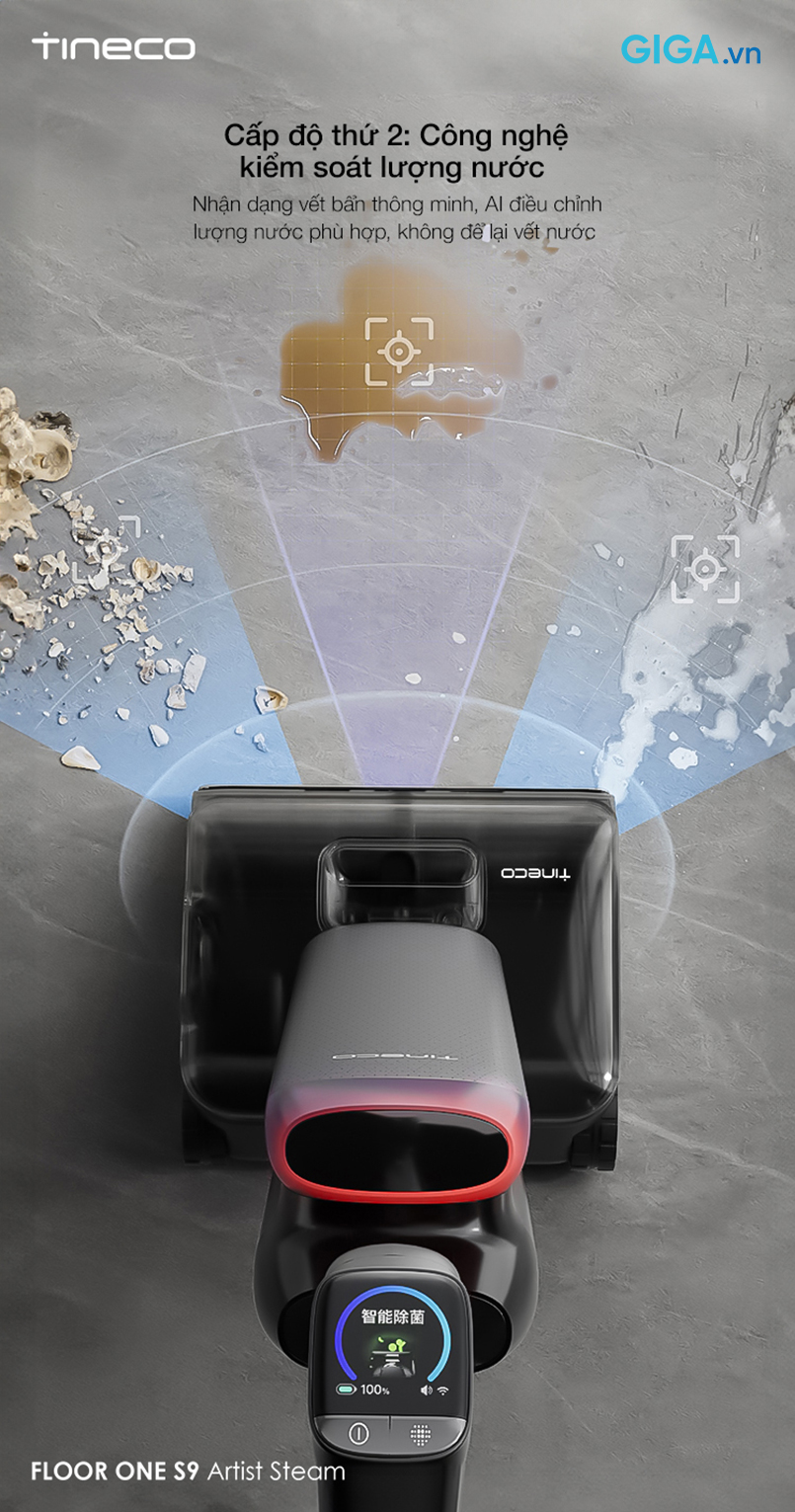 iLoop™ là công nghệ cảm biến thông minh được tích hợp trên máy hút bụi Tineco Floor One S9 Artist Steam, sử dụng AI để xác định bụi bẩn hoặc vết bẩn cứng đầu trên mặt sàn theo thời gian thực