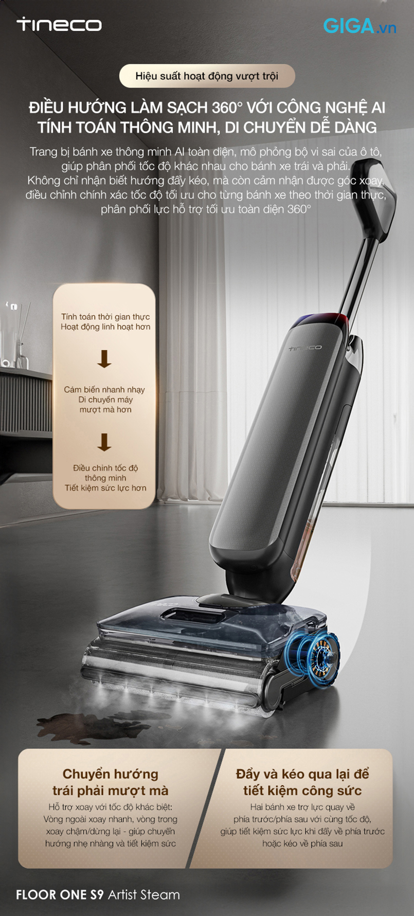 Tineco One S9 Artist Steam ứng dụng công nghệ bánh xe AI tiên tiến, cho phép điều hướng làm sạch 360°