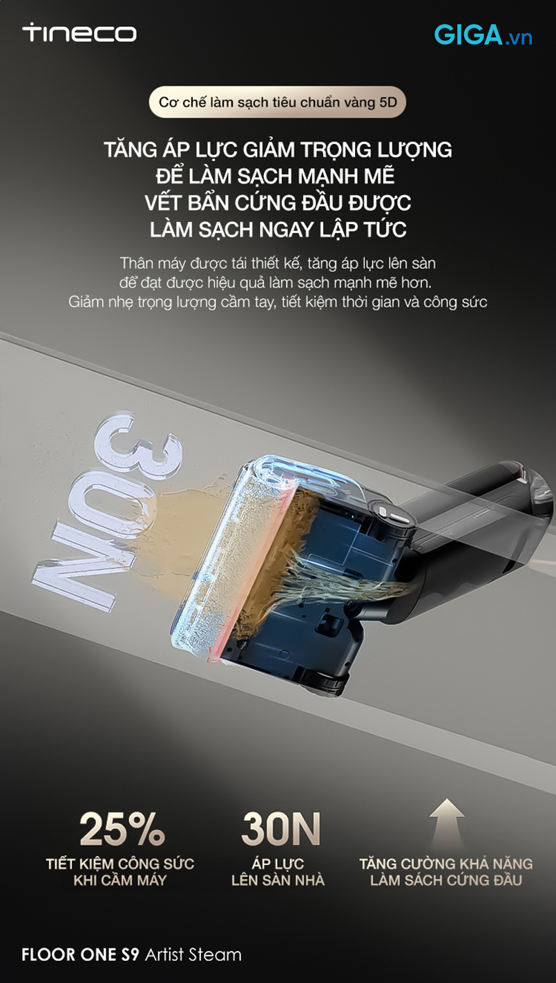 Tineco S9 Artist Steam thiết kế xoay 90° giảm 25% lực cầm tay