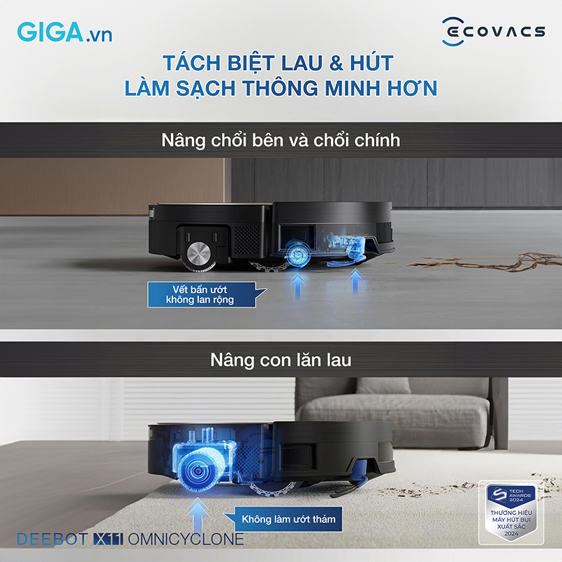 Hệ thống Triple Lift với khả năng phân tách khô ướt chính xác, thích ứng mọi loại sàn và bụi bẩn