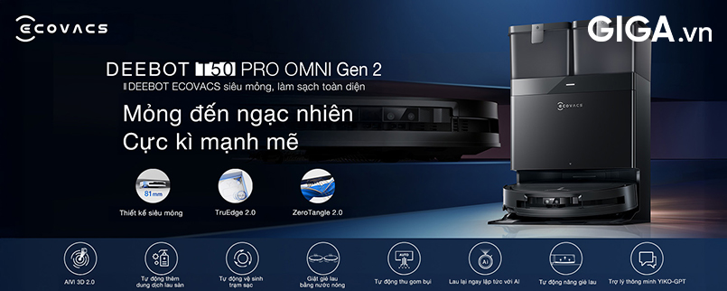 Robot hút bụi lau nhà Ecovacs DEEBOT T50 PRO OMNI Gen 2 gây ấn tượng với lực hút siêu mạnh 21.000Pa, kết hợp công nghệ ZeroTangle 2.0 chống rối tóc và TruEdge 2.0 làm sạch cạnh thông minh, giúp xử lý triệt để mọi loại bụi bẩn trong không gian sống.