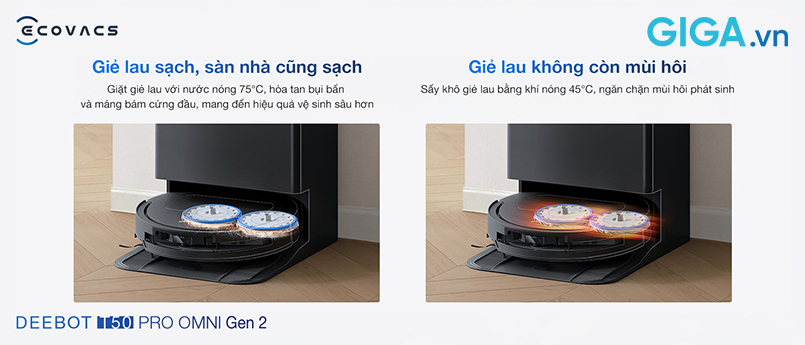 Robot hút bụi Ecovacs DEEBOT T50 PRO OMNI Gen 2 nâng tầm trải nghiệm lau nhà nhờ khả năng giặt giẻ bằng nước nóng 70°C, hòa tan bụi bẩn bám chặt trên bề mặt vải.