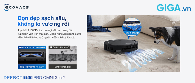 Nhờ lực hút siêu lớn 21.000Pa, robot Ecovacs DEEBOT T50 PRO OMNI Gen 2 dễ dàng xử lý mọi loại bụi bẩn: từ hạt bụi mịn, vụn thức ăn cho đến lông thú bám sâu trong thảm hoặc nằm trong các khe kẽ khó tiếp cận.