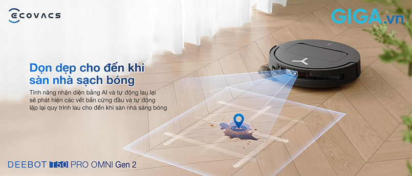 Với các chuyển động xoay mạnh mẽ, DEEBOT T50 PRO OMNI Gen 2 xử lý hiệu quả các vết bẩn bám chặt trên bề mặt sàn. Hệ thống mô-đun lau quay liên tục gia tăng lực ép lên sàn, từ đó đánh bật bụi bẩn khô, dấu chân, vệt nước đọng hoặc cặn bám lâu ngày.