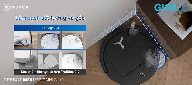Công nghệ làm sạch cạnh TruEdge 2.0 kết hợp chổi mở rộng, quá trình dọn dẹp hiệu quả rõ rệt. Chổi bên hông có khả năng xoay linh hoạt, cho phép robot hút bụi DEEBOT T50 PRO OMNI Gen 2 tiếp cận sát chân tường, len vào kẽ hở, xử lý tốt các điểm khuất như dưới gầm bàn ghế hay các góc phòng hẹp.