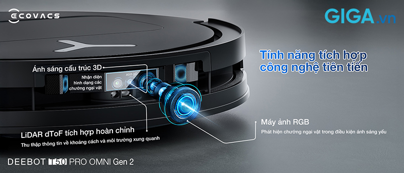 Công nghệ AIVI 3D 3.0 là sự kết hợp giữa ánh sáng cấu trúc 3D cùng camera RGB để tạo bản đồ 3D chi tiết cho toàn bộ không gian trong nhà. Cho phép robot hút bụi lau nhà Ecovacs T50 PRO OMNI Gen 2 hiểu hình ảnh bằng trí tuệ nhân tạo, nhận diện chính xác nhiều loại vật cản như đồ dùng nhỏ, thú cưng, dây điện hoặc vật thể đặt ở vị trí thấp. 